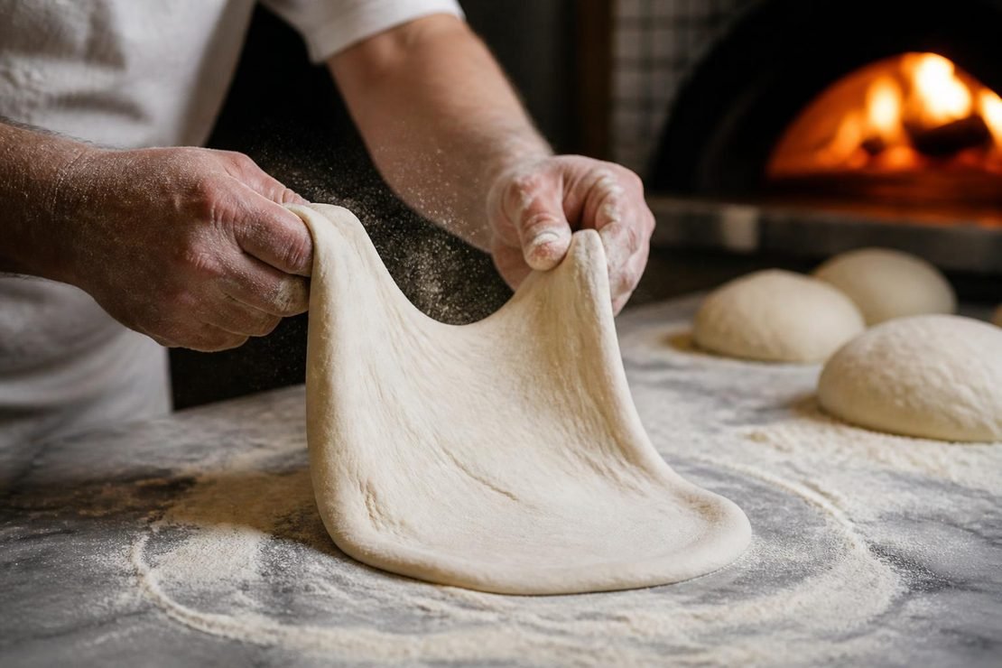 Ręce pizzaiolo rozciągające ciasto posypane mąką