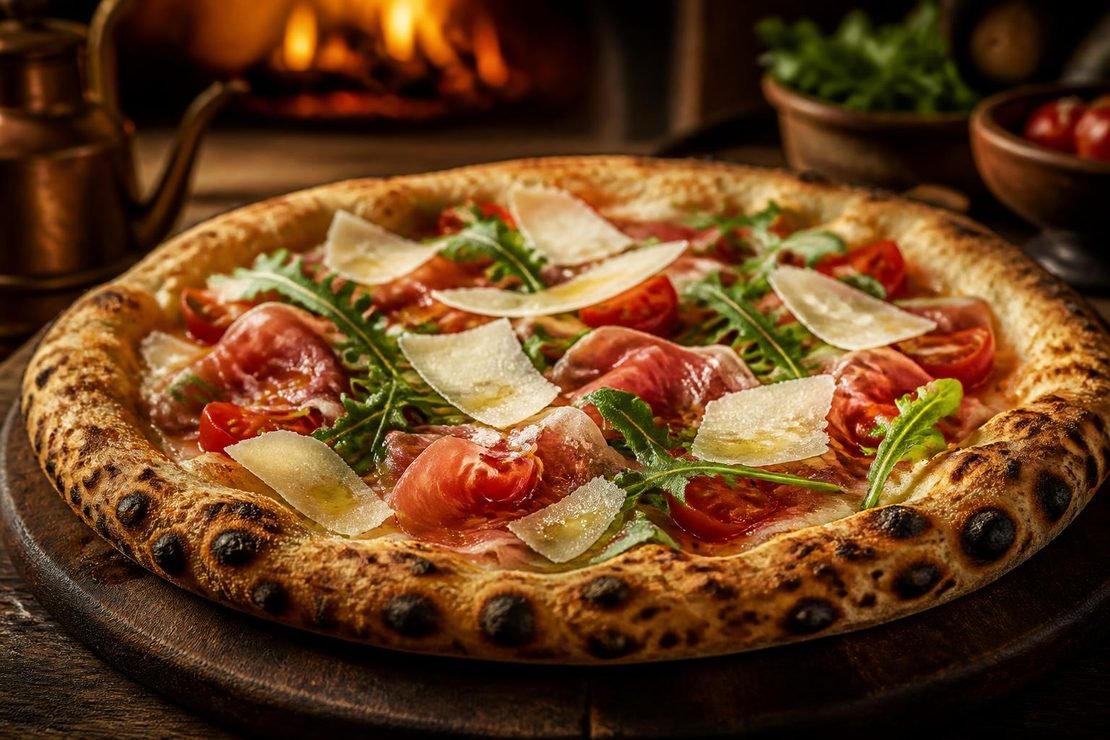 Pizza z pieca na drewnianej desce, z bazylią i oliwą
