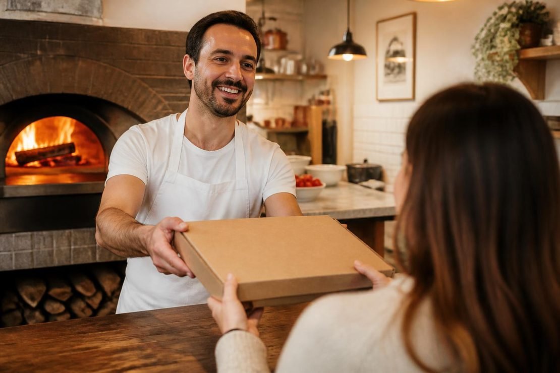 Pizzaiolo podaje pizzę w kartonie