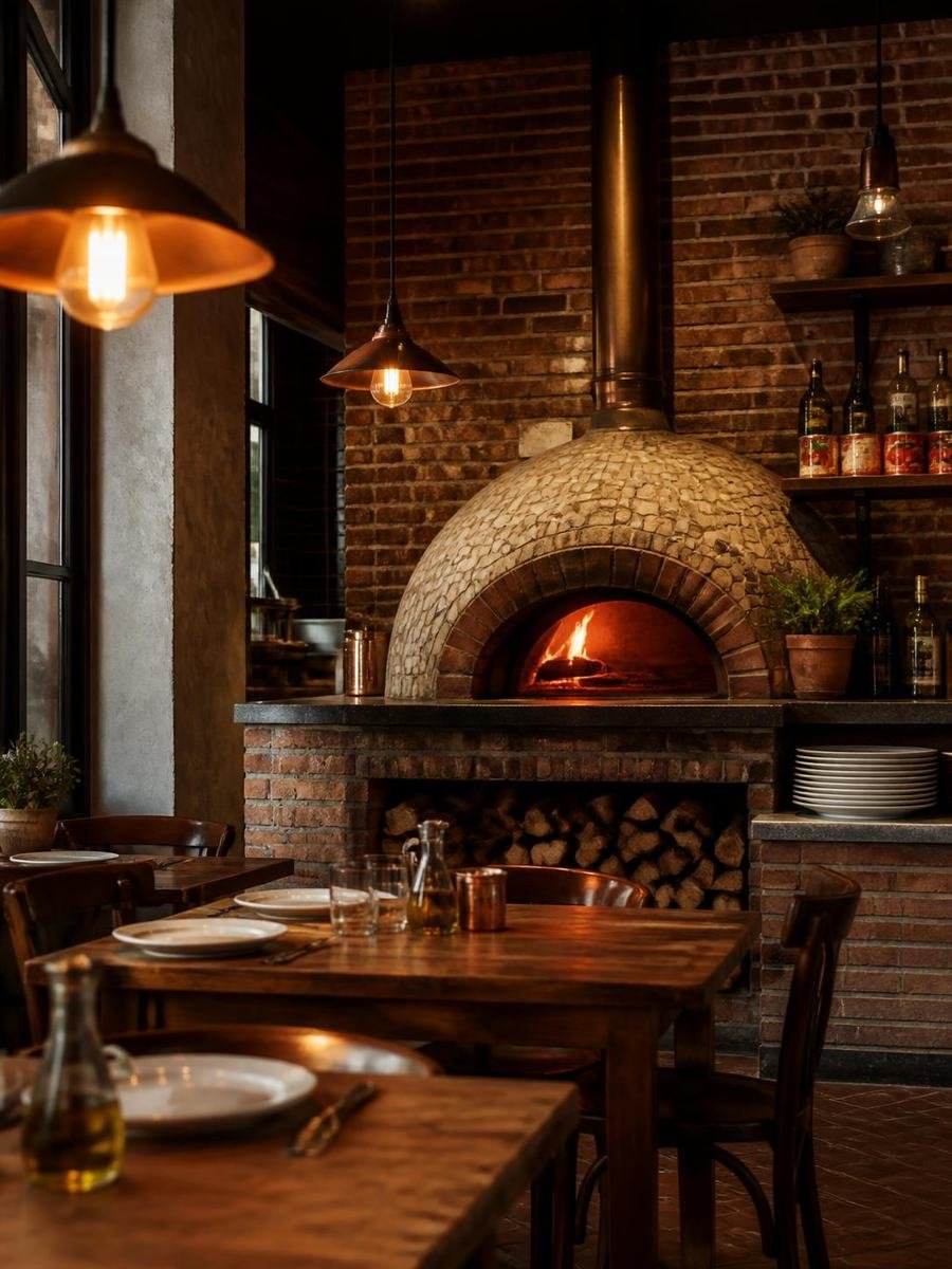 Wnętrze pizzerii – piec opalany drewnem, ceglana ściana i stoliki